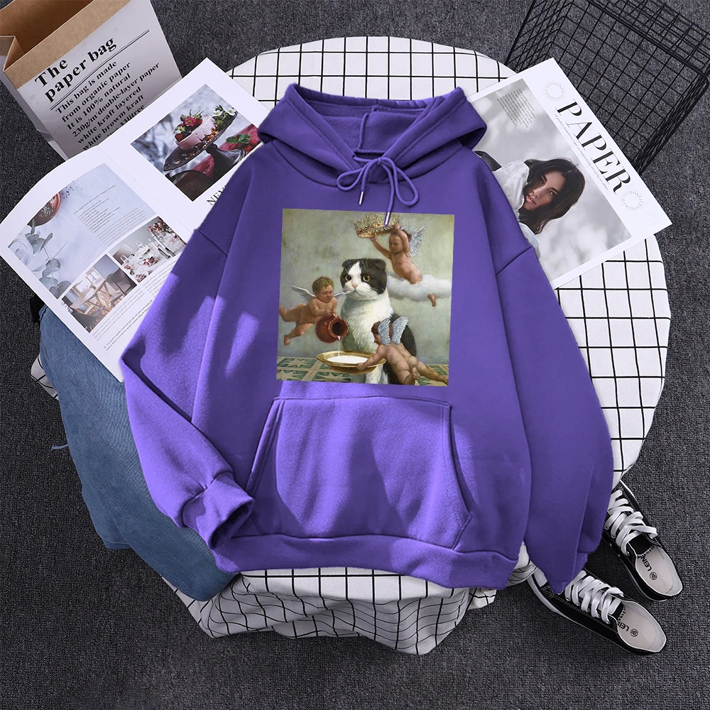 Hoodie Little Angel And Cat Printing Sweatshirt Woman With Hood Aesthetic Korean Couple Clothes Warm Harajuku Women'S Hoodies