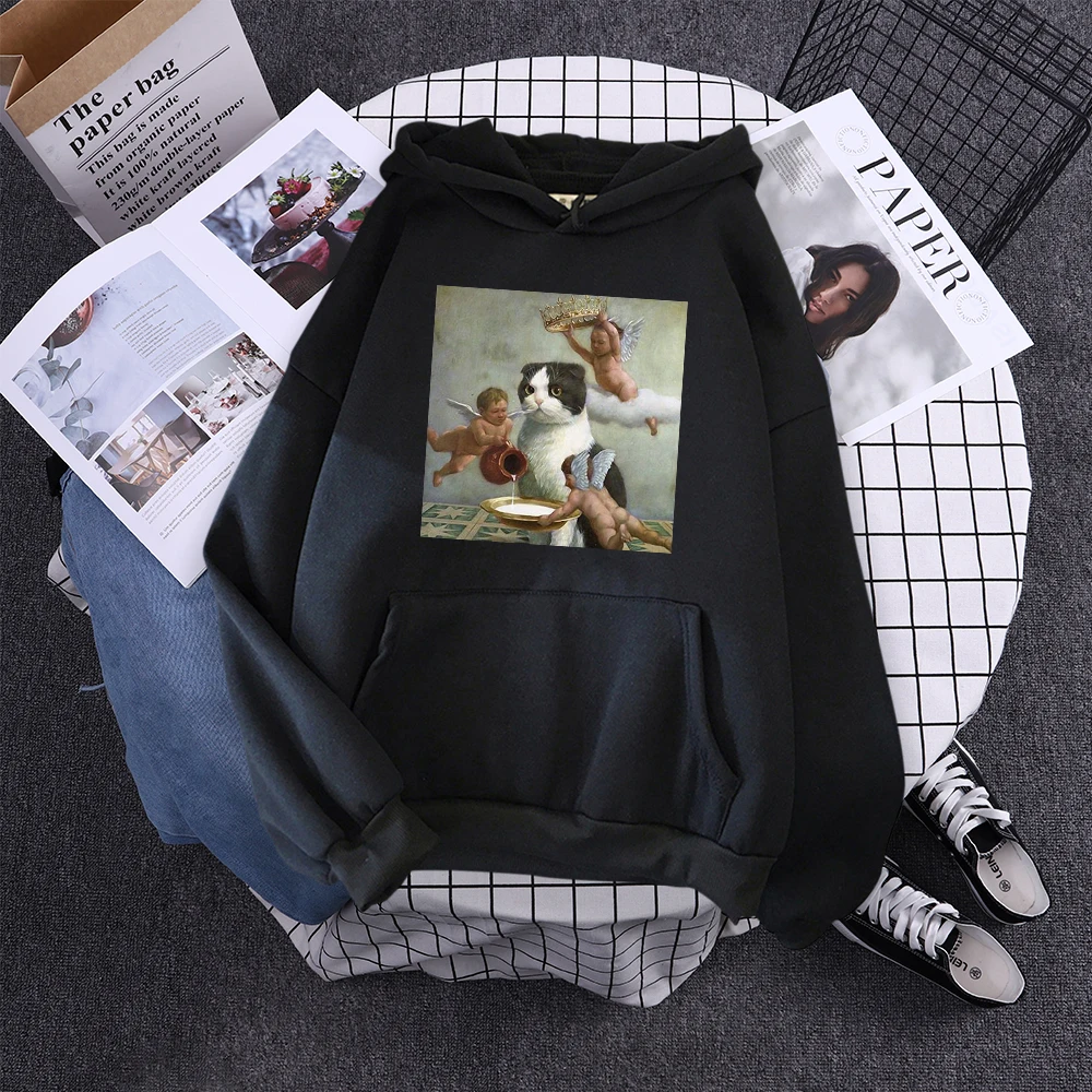 Hoodie Little Angel And Cat Printing Sweatshirt Woman With Hood Aesthetic Korean Couple Clothes Warm Harajuku Women'S Hoodies
