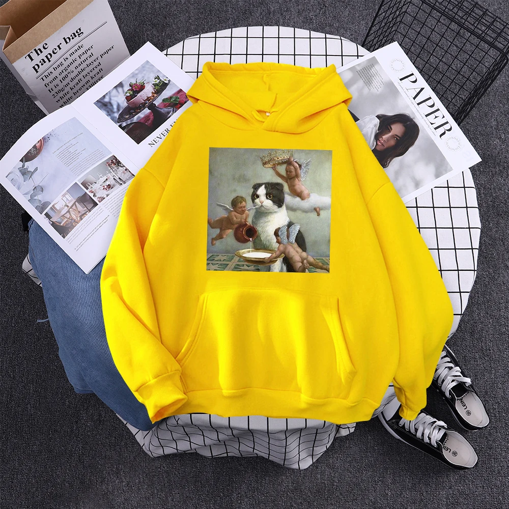 Hoodie Little Angel And Cat Printing Sweatshirt Woman With Hood Aesthetic Korean Couple Clothes Warm Harajuku Women'S Hoodies