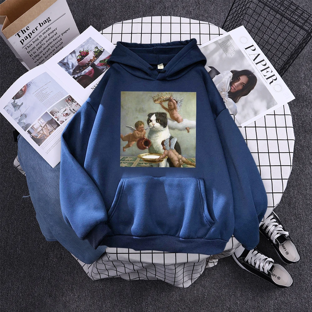 Hoodie Little Angel And Cat Printing Sweatshirt Woman With Hood Aesthetic Korean Couple Clothes Warm Harajuku Women'S Hoodies