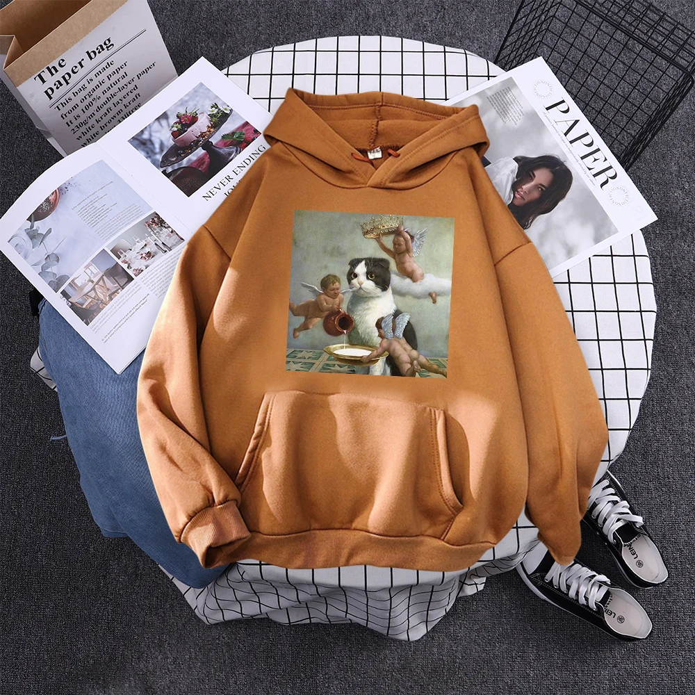 Hoodie Little Angel And Cat Printing Sweatshirt Woman With Hood Aesthetic Korean Couple Clothes Warm Harajuku Women'S Hoodies