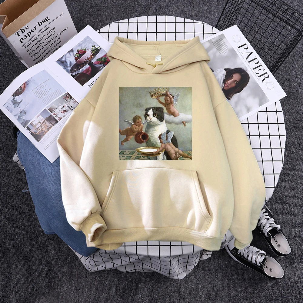 Hoodie Little Angel And Cat Printing Sweatshirt Woman With Hood Aesthetic Korean Couple Clothes Warm Harajuku Women'S Hoodies