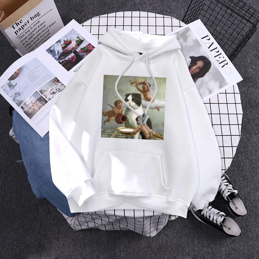 Hoodie Little Angel And Cat Printing Sweatshirt Woman With Hood Aesthetic Korean Couple Clothes Warm Harajuku Women'S Hoodies