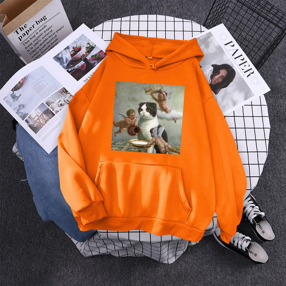 Hoodie Little Angel And Cat Printing Sweatshirt Woman With Hood Aesthetic Korean Couple Clothes Warm Harajuku Women'S Hoodies