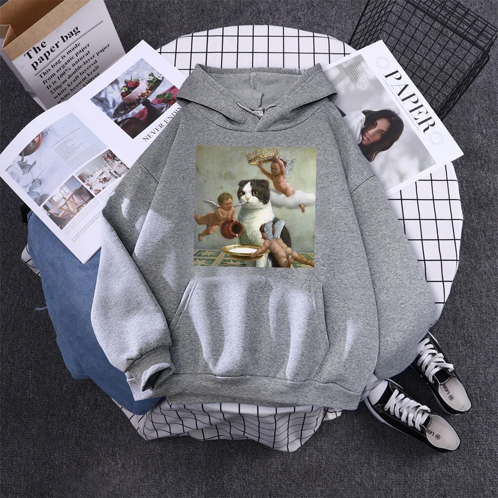 Hoodie Little Angel And Cat Printing Sweatshirt Woman With Hood Aesthetic Korean Couple Clothes Warm Harajuku Women'S Hoodies