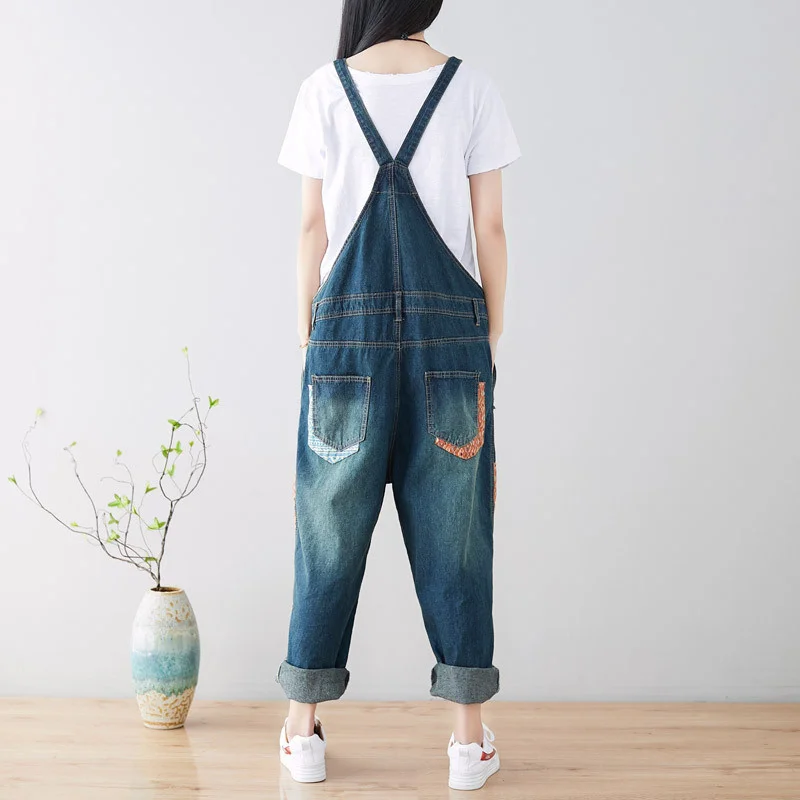 Amax luluE 2024 Fashion Style Spring Female Vintage Patchwork Overalls Womens Ripped Denim Trousers Ladies Loose Bleached jeans