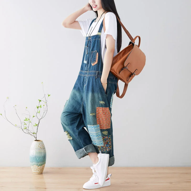 Amax luluE 2024 Fashion Style Spring Female Vintage Patchwork Overalls Womens Ripped Denim Trousers Ladies Loose Bleached jeans