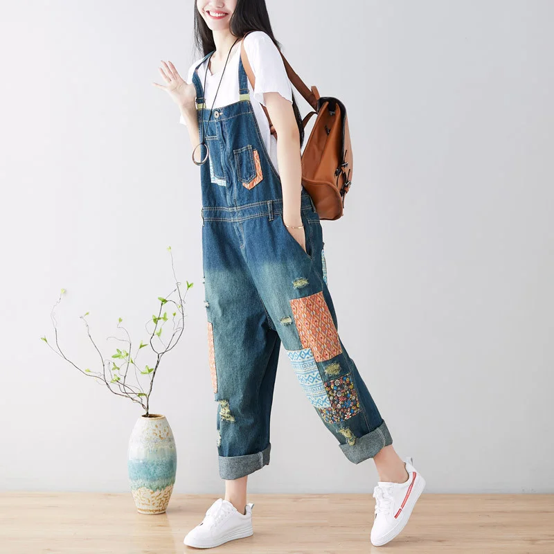 Amax luluE 2024 Fashion Style Spring Female Vintage Patchwork Overalls Womens Ripped Denim Trousers Ladies Loose Bleached jeans