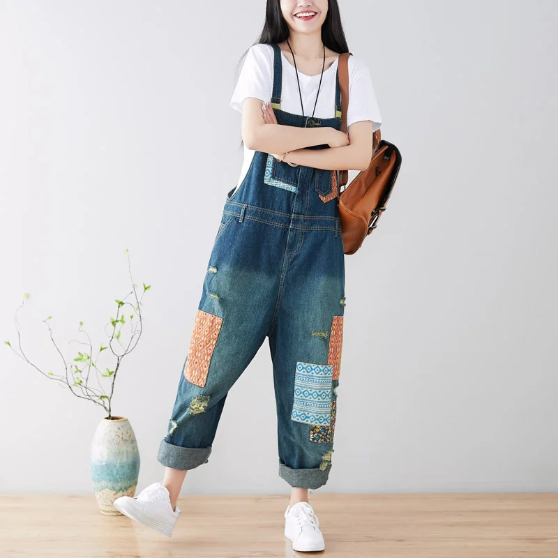 Amax luluE 2024 Fashion Style Spring Female Vintage Patchwork Overalls Womens Ripped Denim Trousers Ladies Loose Bleached jeans