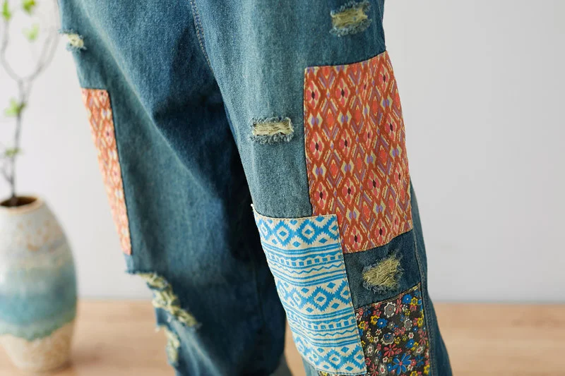 Amax luluE 2024 Fashion Style Spring Female Vintage Patchwork Overalls Womens Ripped Denim Trousers Ladies Loose Bleached jeans