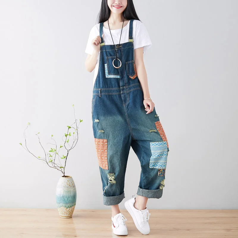 Amax luluE 2024 Fashion Style Spring Female Vintage Patchwork Overalls Womens Ripped Denim Trousers Ladies Loose Bleached jeans