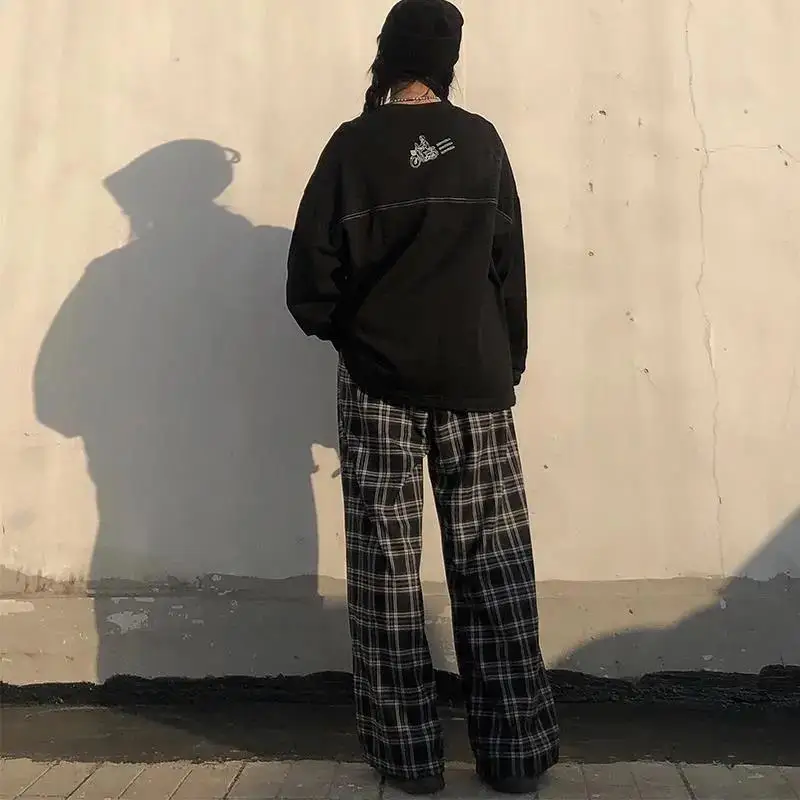 Summer Plaid Pants Women S-3XL Casual Chic Oversize Loose Wide Leg Trousers for Women Harajuku High Waist Hip-hop Pants Female