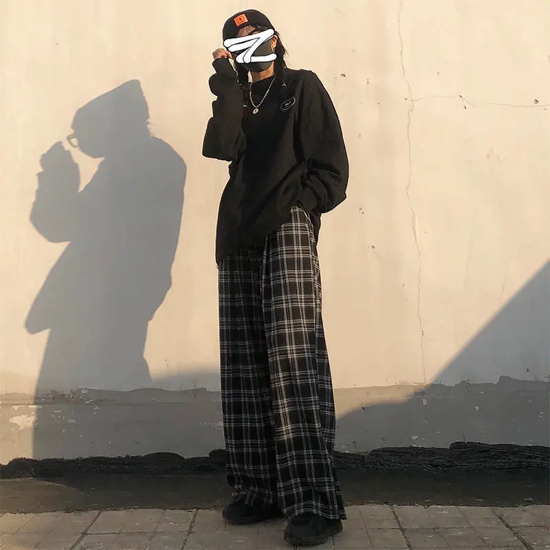 Summer Plaid Pants Women S-3XL Casual Chic Oversize Loose Wide Leg Trousers for Women Harajuku High Waist Hip-hop Pants Female