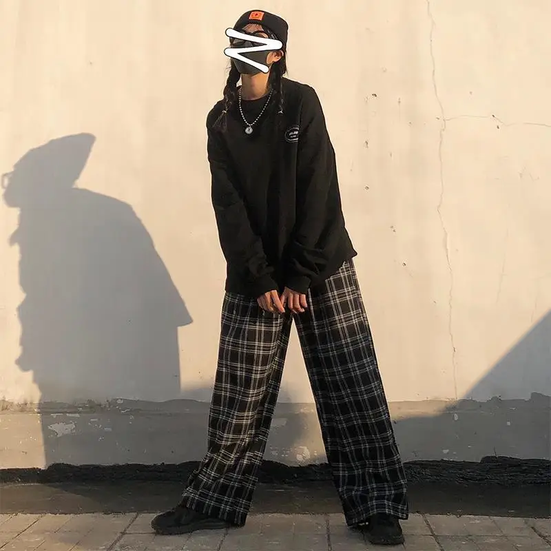Summer Plaid Pants Women S-3XL Casual Chic Oversize Loose Wide Leg Trousers for Women Harajuku High Waist Hip-hop Pants Female