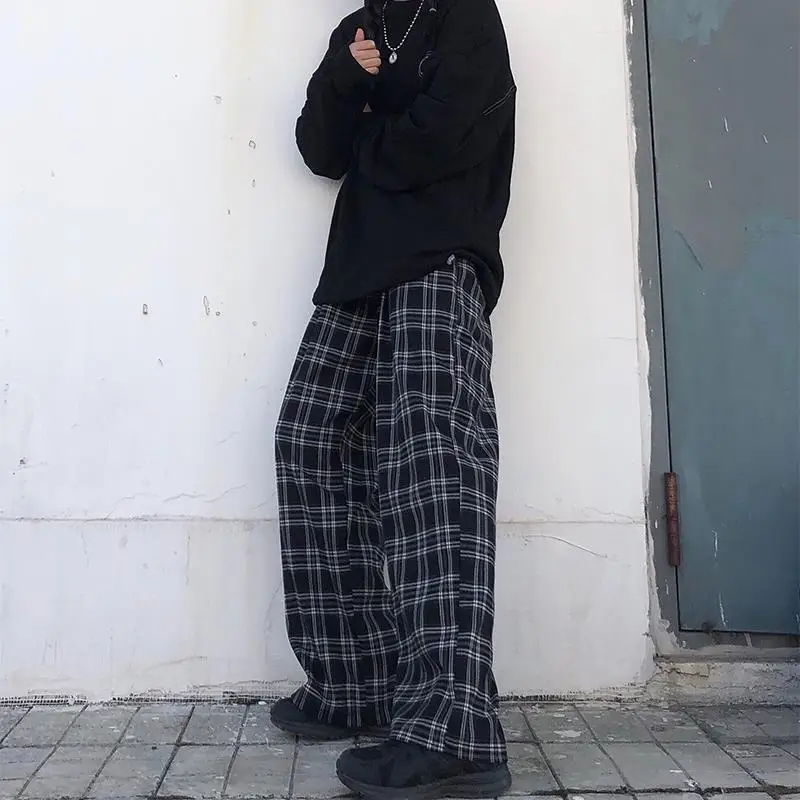 Summer Plaid Pants Women S-3XL Casual Chic Oversize Loose Wide Leg Trousers for Women Harajuku High Waist Hip-hop Pants Female