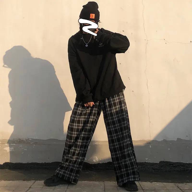 Summer Plaid Pants Women S-3XL Casual Chic Oversize Loose Wide Leg Trousers for Women Harajuku High Waist Hip-hop Pants Female