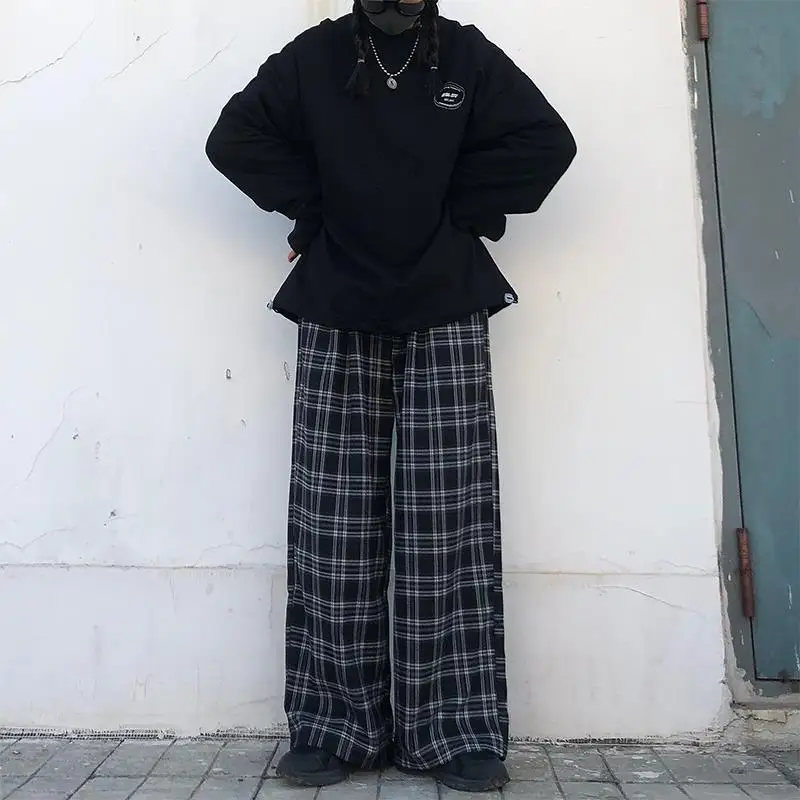 Summer Plaid Pants Women S-3XL Casual Chic Oversize Loose Wide Leg Trousers for Women Harajuku High Waist Hip-hop Pants Female