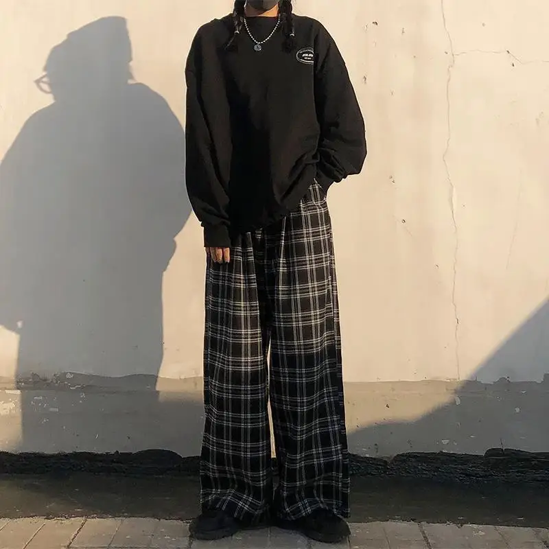 Summer Plaid Pants Women S-3XL Casual Chic Oversize Loose Wide Leg Trousers for Women Harajuku High Waist Hip-hop Pants Female