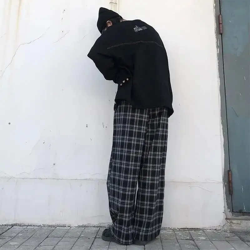 Summer Plaid Pants Women S-3XL Casual Chic Oversize Loose Wide Leg Trousers for Women Harajuku High Waist Hip-hop Pants Female