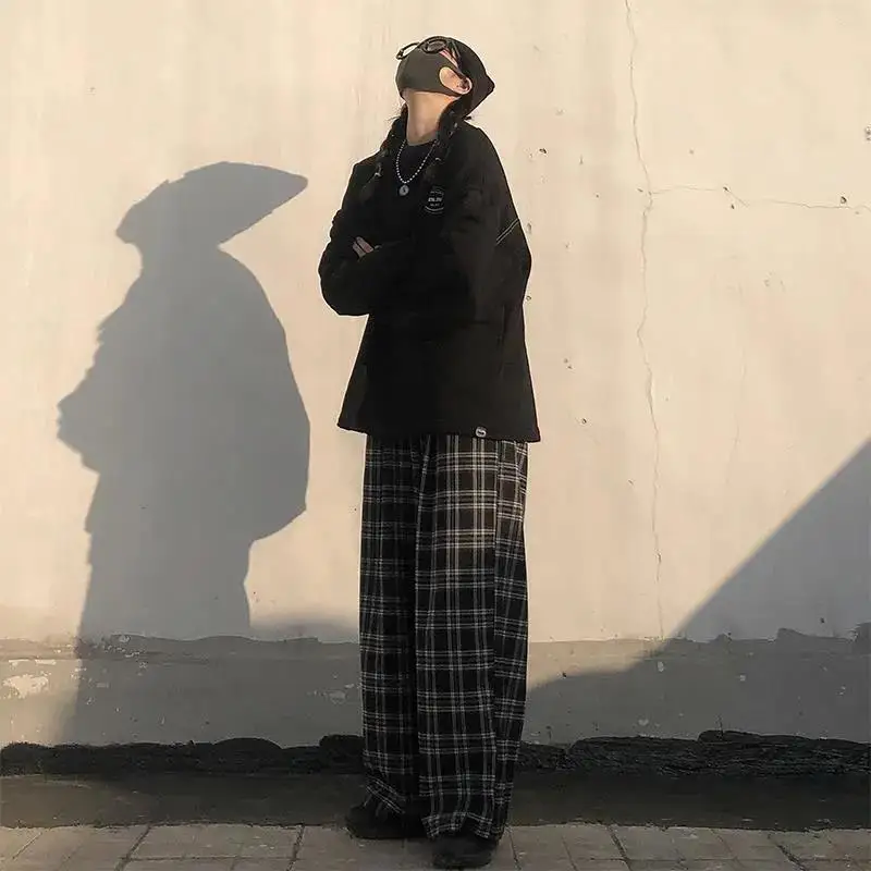 Summer Plaid Pants Women S-3XL Casual Chic Oversize Loose Wide Leg Trousers for Women Harajuku High Waist Hip-hop Pants Female