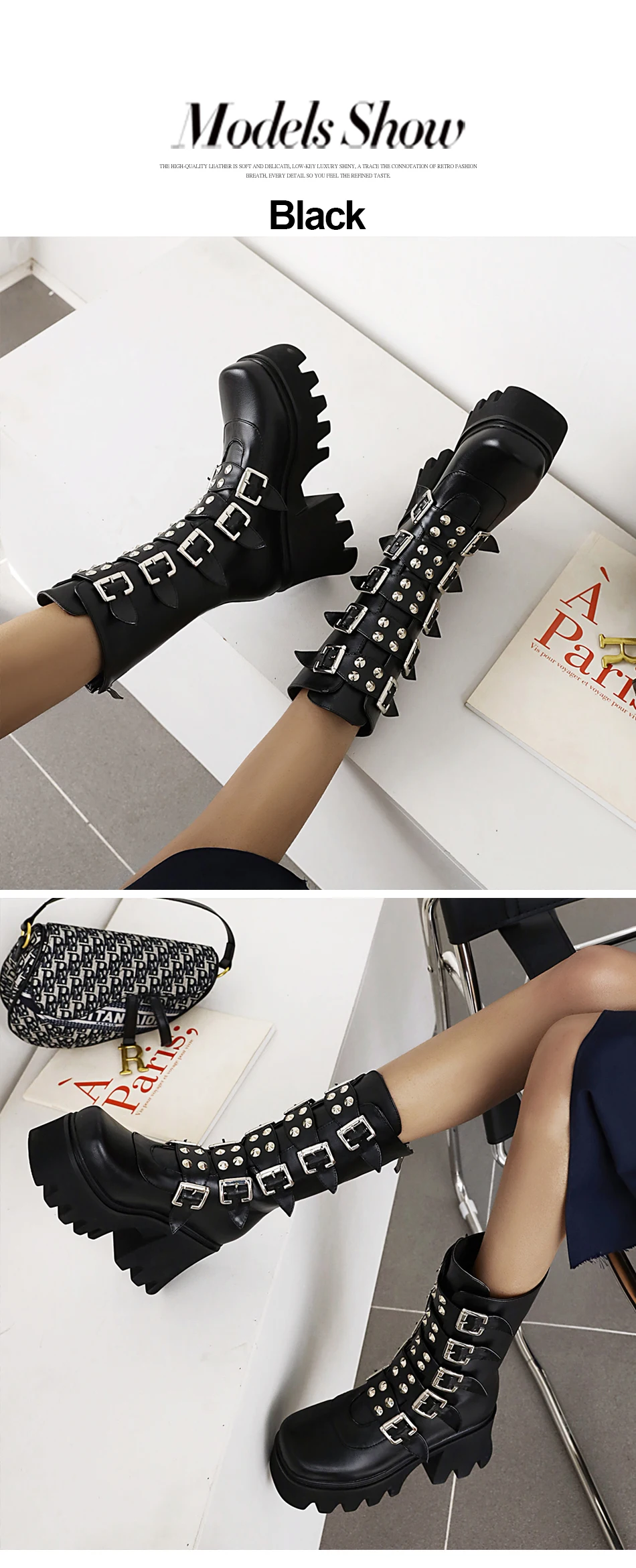 Gdgydh Autumn Winter Gothic Punk Womens Platform Boots Black Blet Buckle Strap Creepers Platform Shoes With Zipper Military Boot