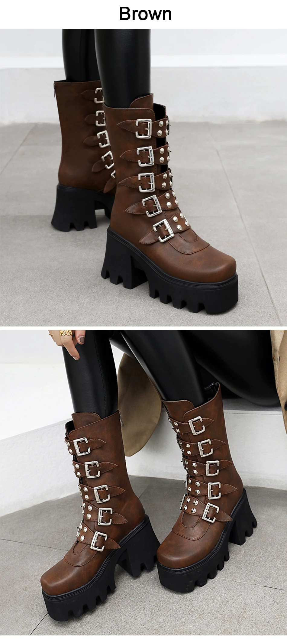 Gdgydh Autumn Winter Gothic Punk Womens Platform Boots Black Blet Buckle Strap Creepers Platform Shoes With Zipper Military Boot
