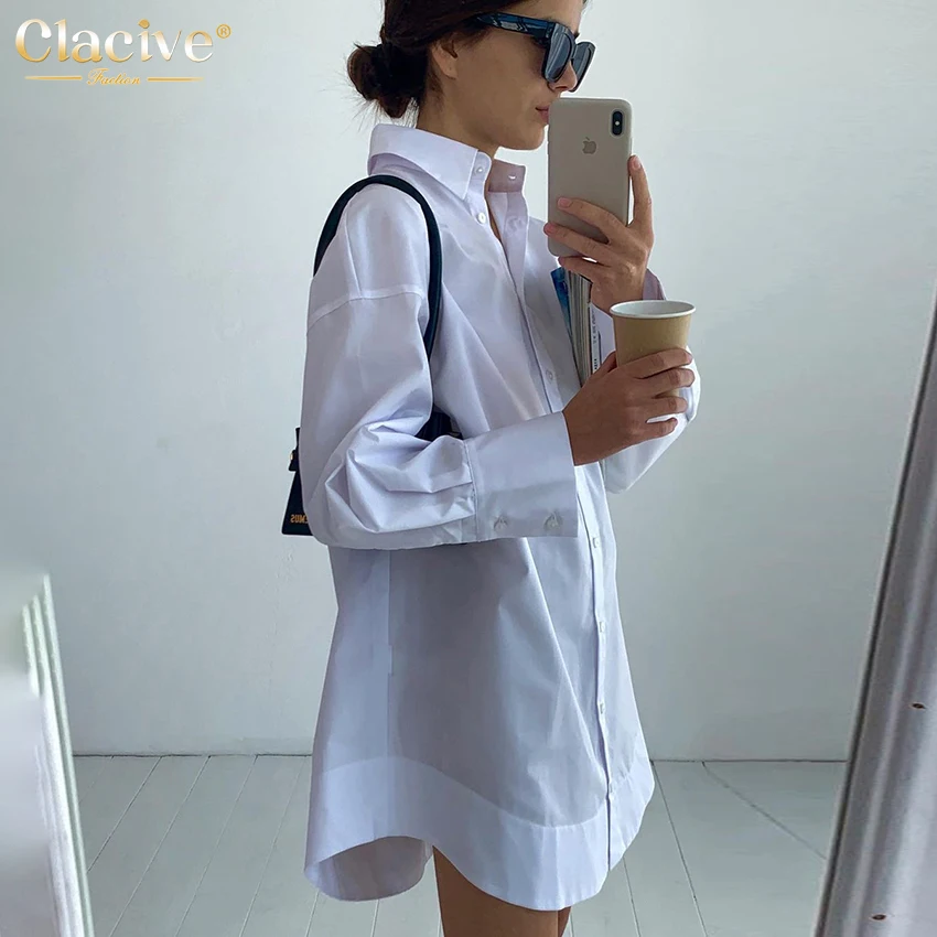 Clacive White Loose Lapel Women'S Shirt 2021 Autumn Long Sleeve Fashion Blouses Casual Office Single-Breasted Shirts Top Woman