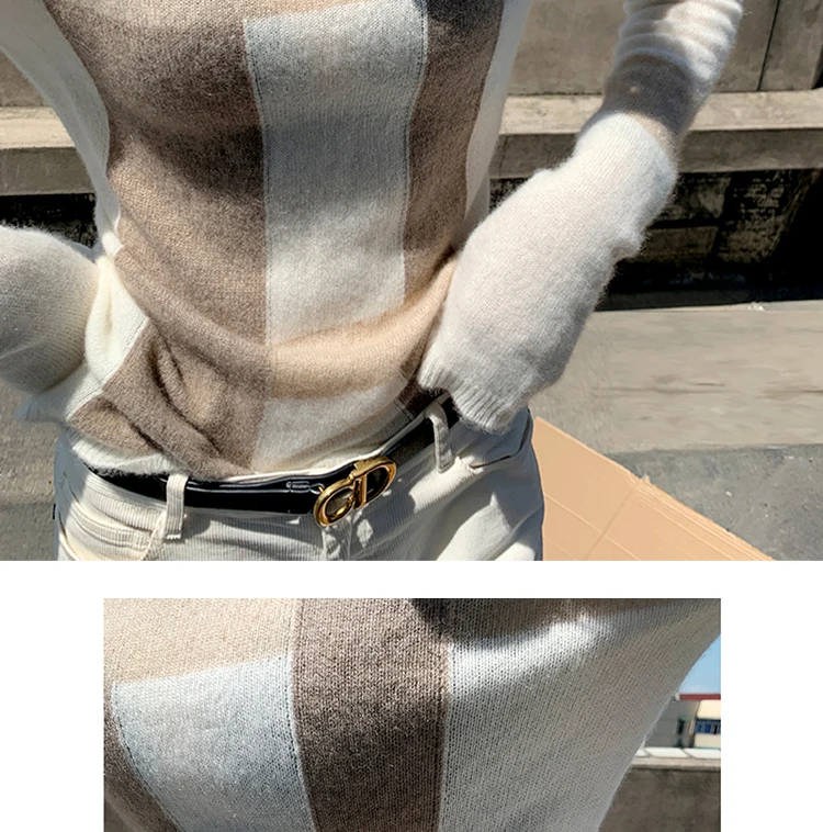New Cashmere Sweater Women's High-Neck Color Matching 100% Pure Wool Pullover Fashion Plus Size Warm Knitted Bottoming Shir