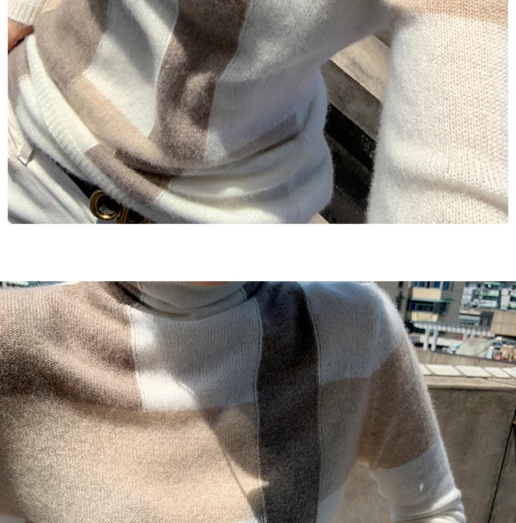 New Cashmere Sweater Women's High-Neck Color Matching 100% Pure Wool Pullover Fashion Plus Size Warm Knitted Bottoming Shir
