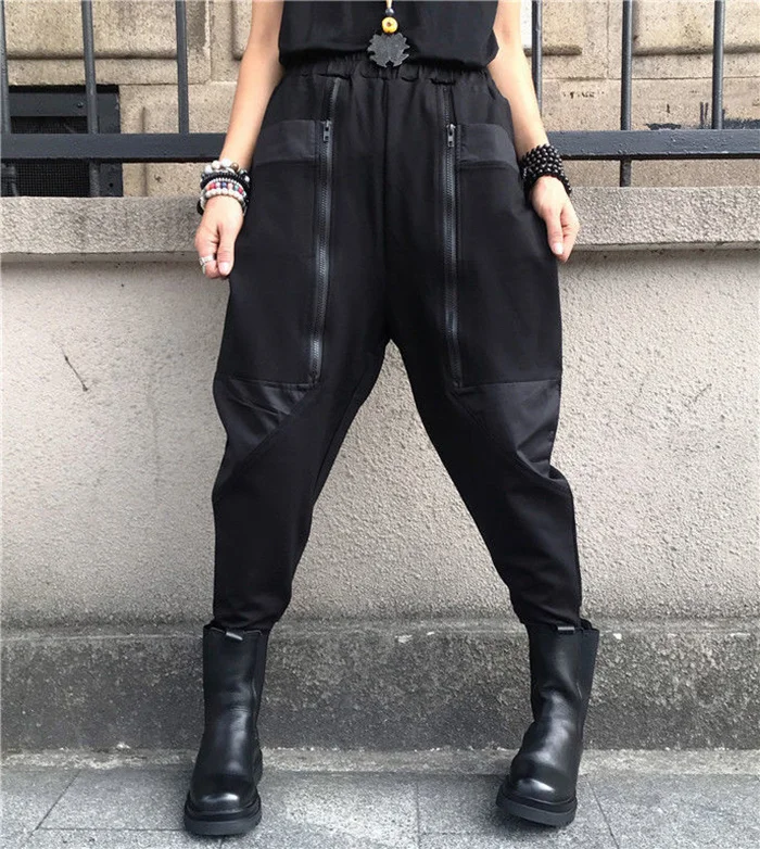 Amax LuluE 2024 British Spring Fashion Womens Black Zippers Punk Harem Pants Females Casual Loose Vintage Elastic Waist Trousers