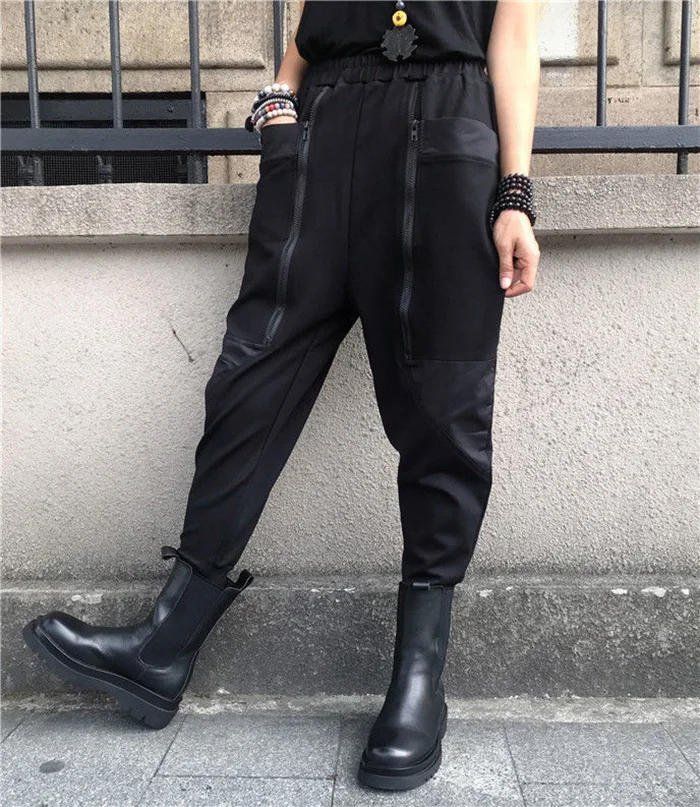 Amax LuluE 2024 British Spring Fashion Womens Black Zippers Punk Harem Pants Females Casual Loose Vintage Elastic Waist Trousers