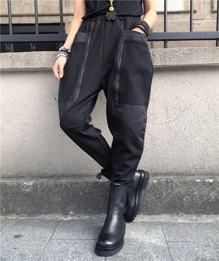 Amax LuluE 2024 British Spring Fashion Womens Black Zippers Punk Harem Pants Females Casual Loose Vintage Elastic Waist Trousers