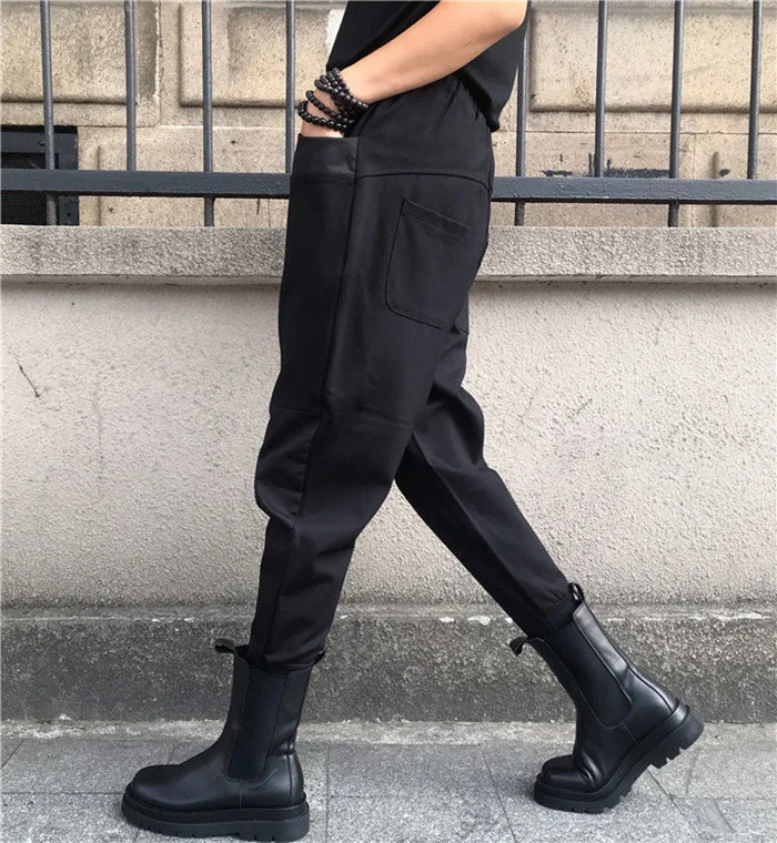 Amax LuluE 2024 British Spring Fashion Womens Black Zippers Punk Harem Pants Females Casual Loose Vintage Elastic Waist Trousers