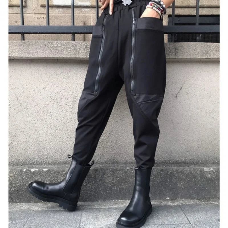 Amax LuluE 2024 British Spring Fashion Womens Black Zippers Punk Harem Pants Females Casual Loose Vintage Elastic Waist Trousers