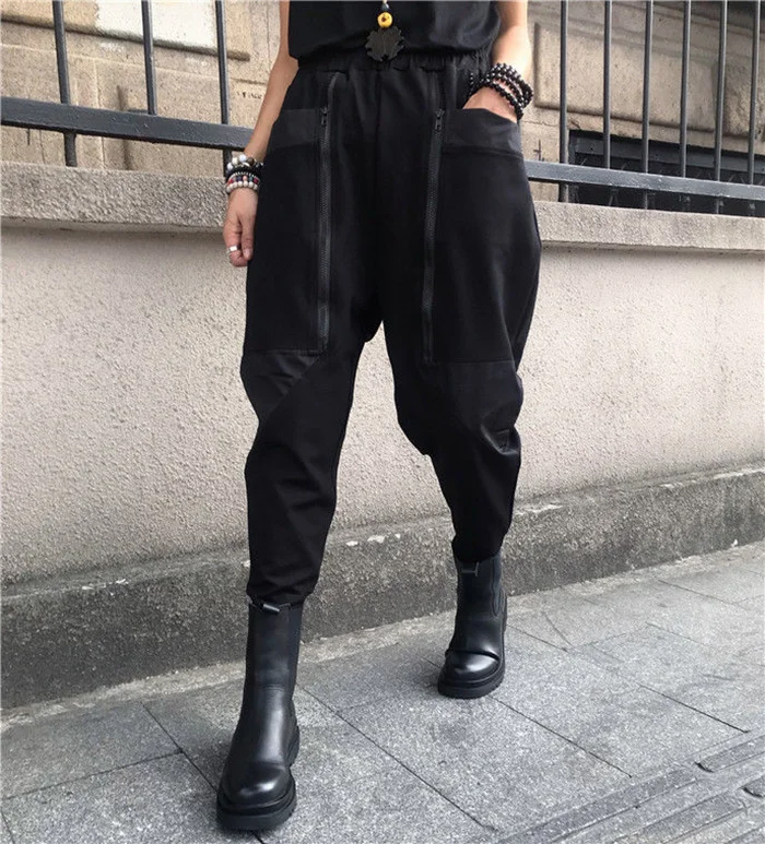 Amax LuluE 2024 British Spring Fashion Womens Black Zippers Punk Harem Pants Females Casual Loose Vintage Elastic Waist Trousers