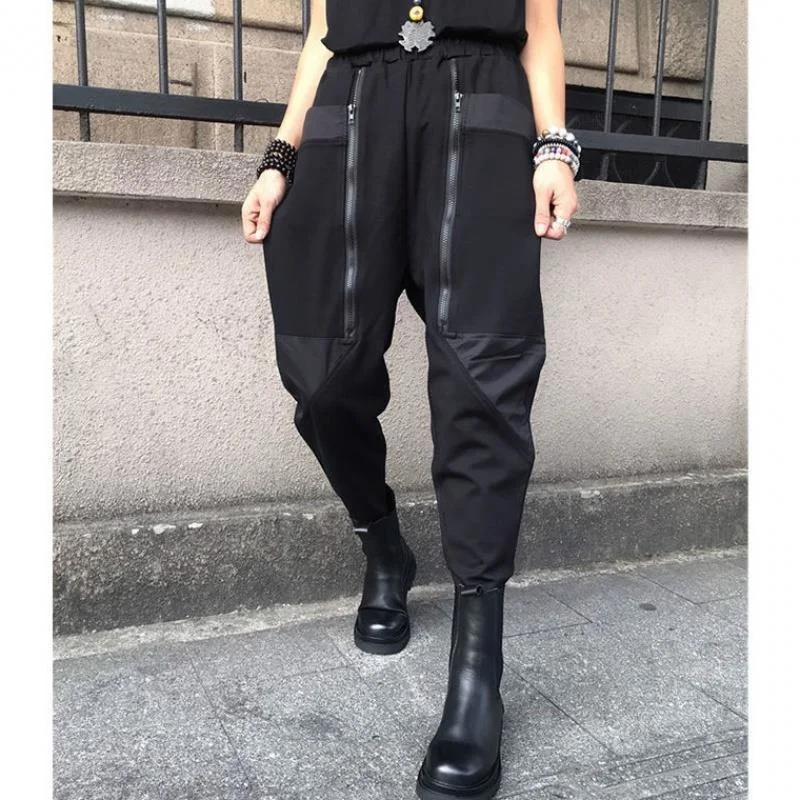 Amax LuluE 2024 British Spring Fashion Womens Black Zippers Punk Harem Pants Females Casual Loose Vintage Elastic Waist Trousers