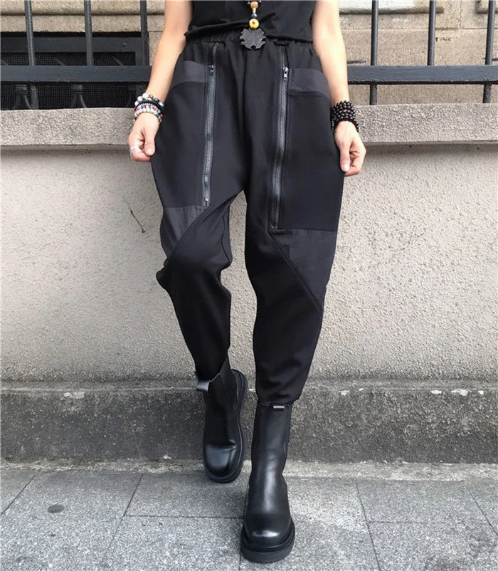 Amax LuluE 2024 British Spring Fashion Womens Black Zippers Punk Harem Pants Females Casual Loose Vintage Elastic Waist Trousers