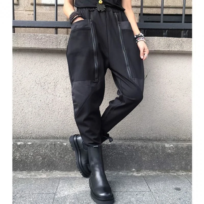Amax LuluE 2024 British Spring Fashion Womens Black Zippers Punk Harem Pants Females Casual Loose Vintage Elastic Waist Trousers