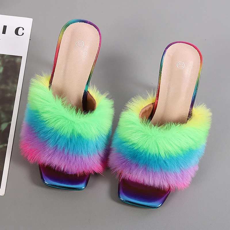 Liyke 9CM Transparent High Heels Fur Slippers Women Feather Sandals Peep Toe Mules Lady Pumps Slides Party Shoes Pink