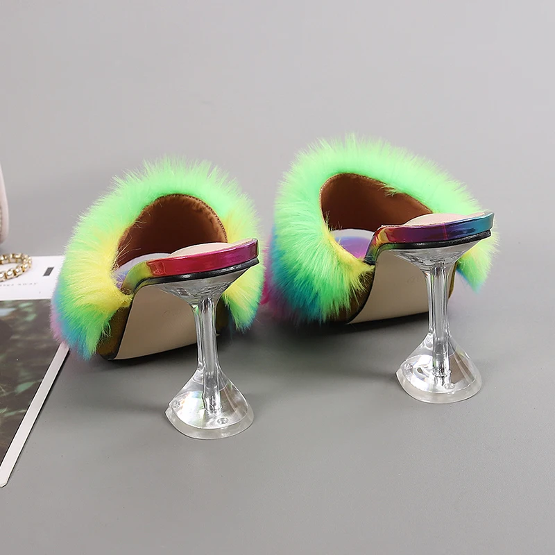 Liyke 9CM Transparent High Heels Fur Slippers Women Feather Sandals Peep Toe Mules Lady Pumps Slides Party Shoes Pink