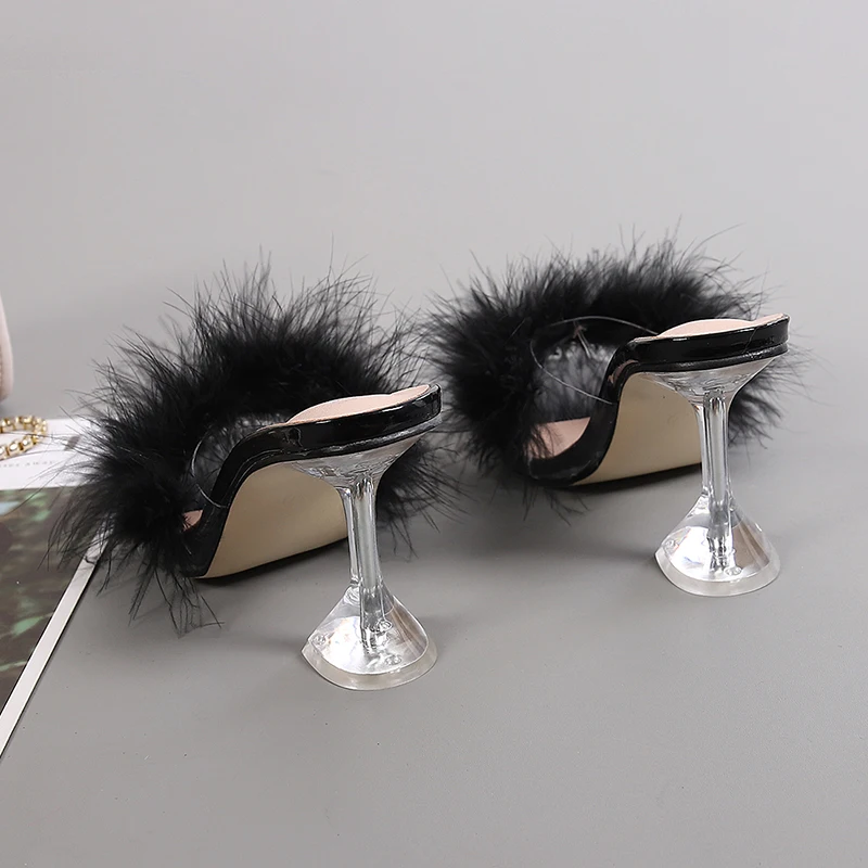 Liyke 9CM Transparent High Heels Fur Slippers Women Feather Sandals Peep Toe Mules Lady Pumps Slides Party Shoes Pink