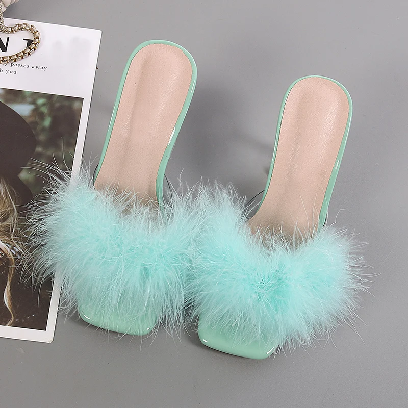 Liyke 9CM Transparent High Heels Fur Slippers Women Feather Sandals Peep Toe Mules Lady Pumps Slides Party Shoes Pink
