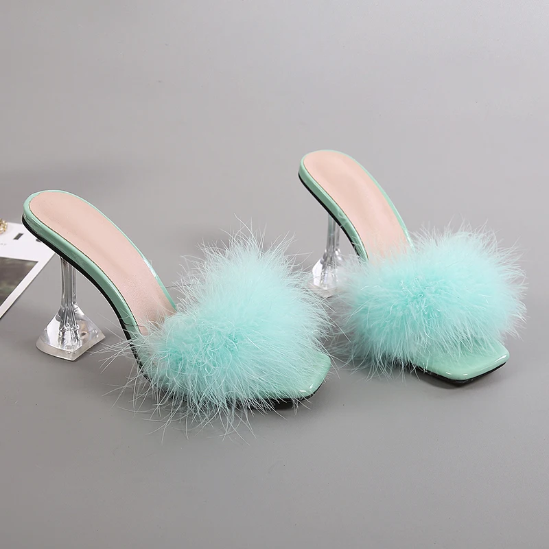 Liyke 9CM Transparent High Heels Fur Slippers Women Feather Sandals Peep Toe Mules Lady Pumps Slides Party Shoes Pink