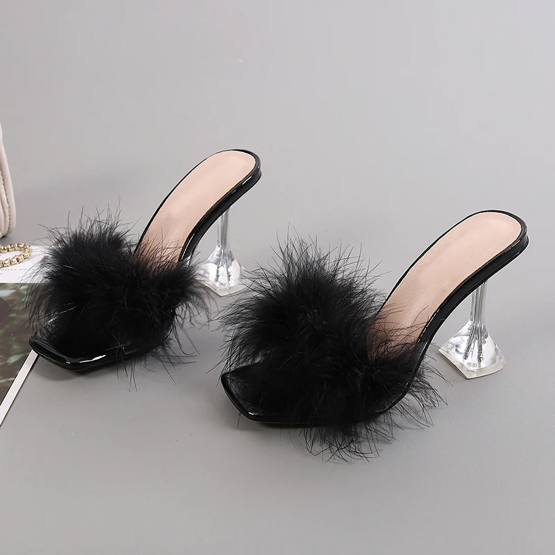 Liyke 9CM Transparent High Heels Fur Slippers Women Feather Sandals Peep Toe Mules Lady Pumps Slides Party Shoes Pink
