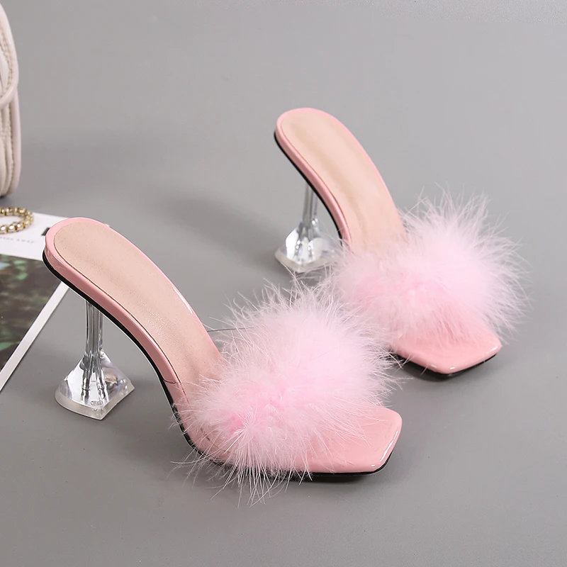 Liyke 9CM Transparent High Heels Fur Slippers Women Feather Sandals Peep Toe Mules Lady Pumps Slides Party Shoes Pink