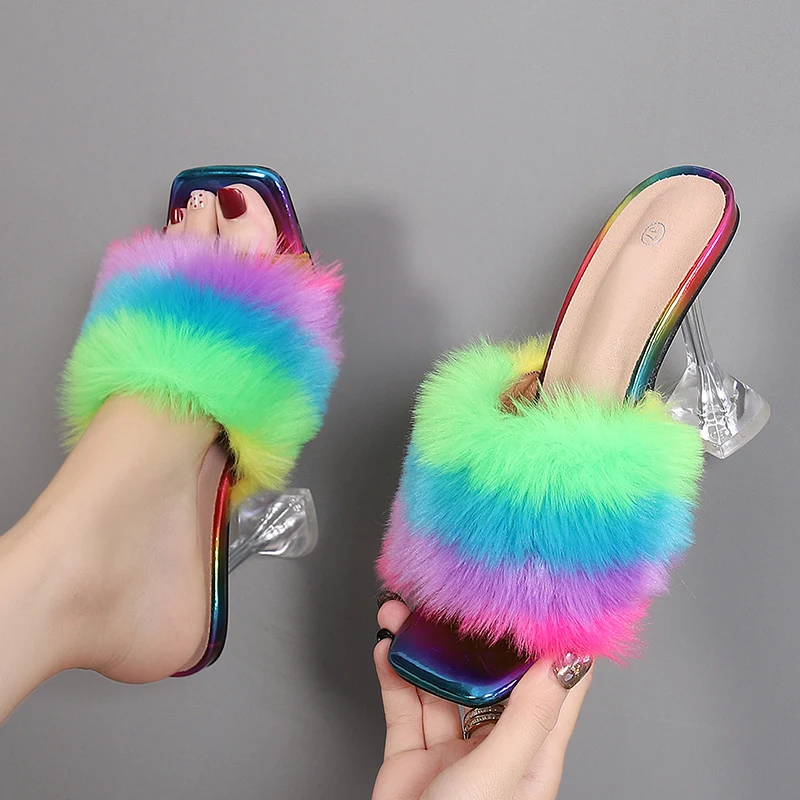 Liyke 9CM Transparent High Heels Fur Slippers Women Feather Sandals Peep Toe Mules Lady Pumps Slides Party Shoes Pink