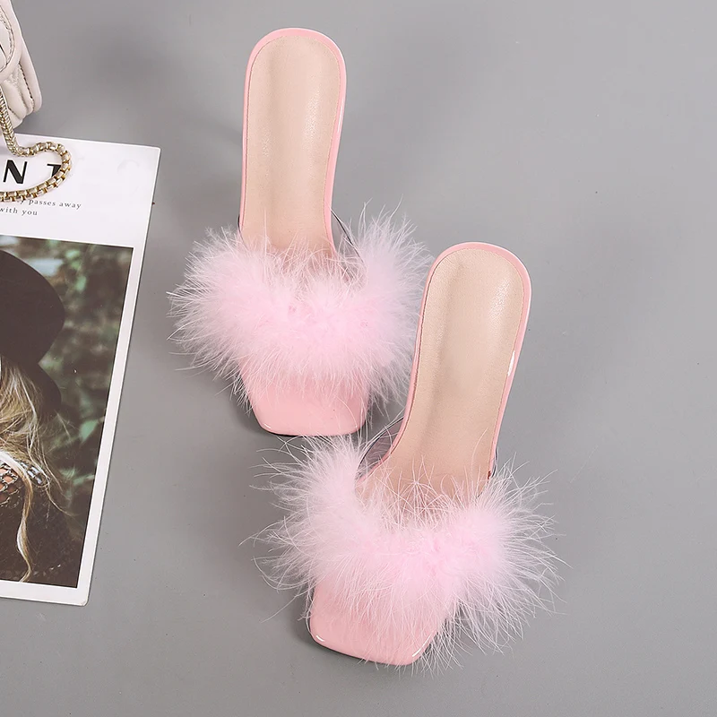 Liyke 9CM Transparent High Heels Fur Slippers Women Feather Sandals Peep Toe Mules Lady Pumps Slides Party Shoes Pink