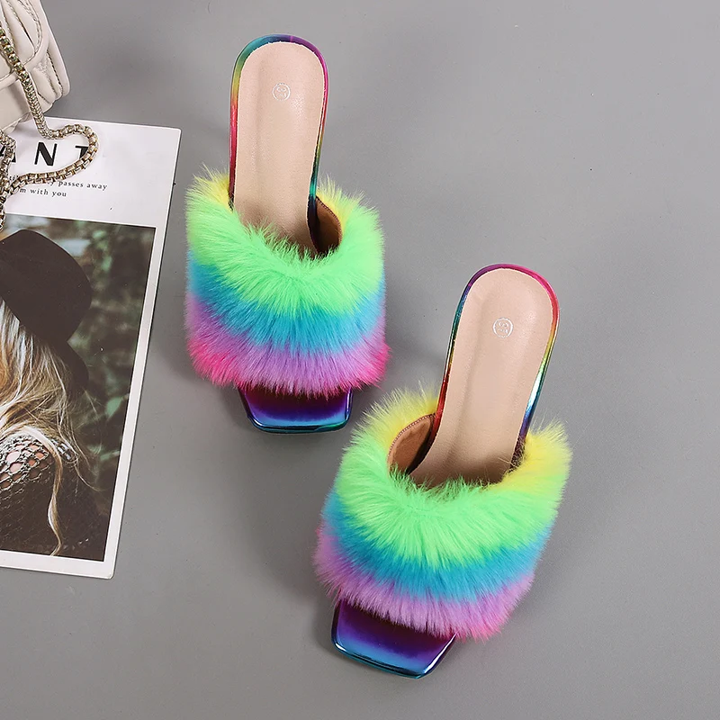 Liyke 9CM Transparent High Heels Fur Slippers Women Feather Sandals Peep Toe Mules Lady Pumps Slides Party Shoes Pink