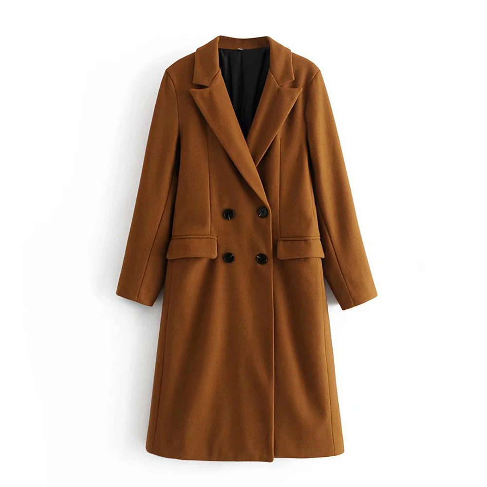 Klacwaya 2021 Women Fashion Dark Brown Woolen Coat Vintage Double Breasted Long Sleeve Female Autumn Temperament Long Coat