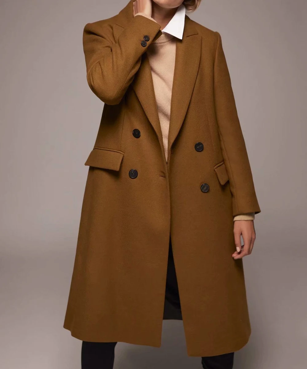 Klacwaya 2021 Women Fashion Dark Brown Woolen Coat Vintage Double Breasted Long Sleeve Female Autumn Temperament Long Coat